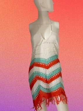 Crochet Chevron Fringe Dress - White, Teal & Orange